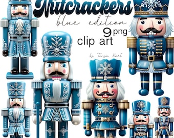 May include: A collection of blue nutcracker clip art illustrations. The nutcrackers have white hair, mustaches, and are adorned with snowflake and decorative accents. The text "Nutcrackers blue edition 9 png clip art" is also present.
