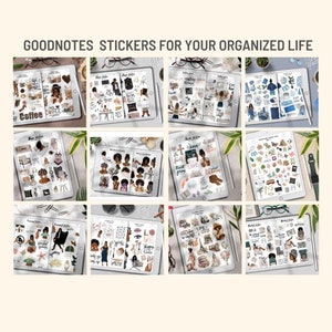 May include: A set of digital stickers for Goodnotes featuring illustrations of women of color, coffee, home, faith, love, and other inspirational themes. The stickers are designed in a modern, minimalist style with a warm color palette.