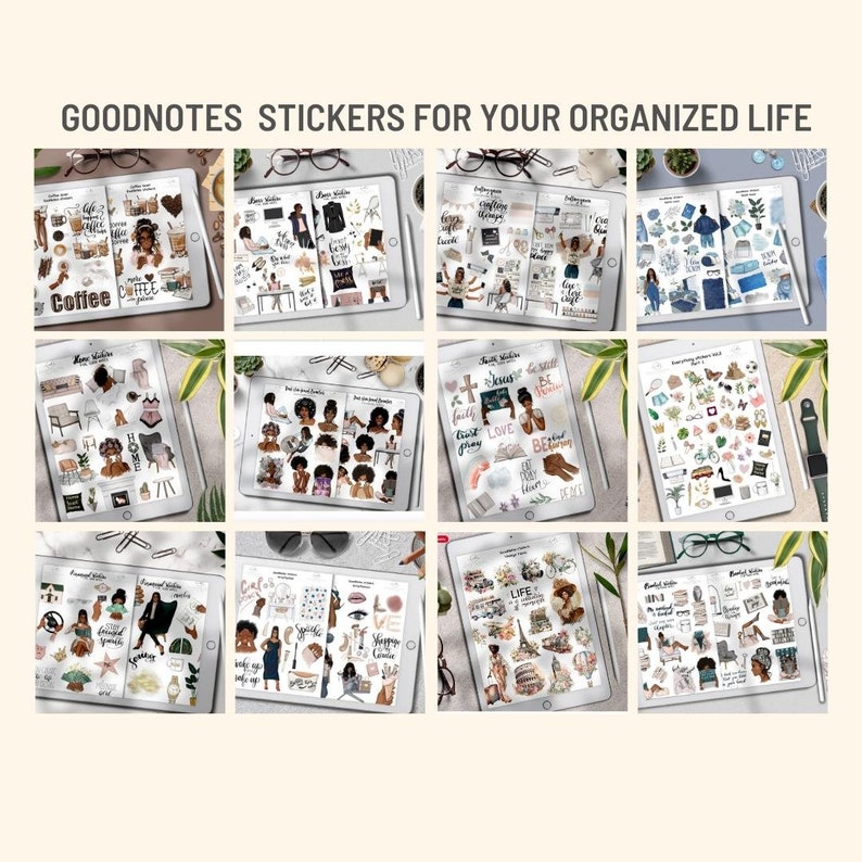 May include: A set of digital stickers for Goodnotes featuring illustrations of women of color, coffee, home, faith, love, and other inspirational themes. The stickers are designed in a modern, minimalist style with a warm color palette.