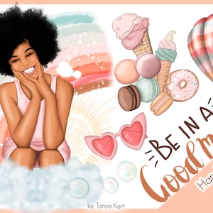 May include: A digital illustration of a woman with an afro smiling and sitting on a cloud. The background features a rainbow, a hot air balloon, ice cream cones, macarons, and a donut. The text "BE IN A GOOD MOOD" is written in a brown cursive font. The text "Hand-drawn clipart 52 PNG files" is written in a smaller font below the main text.