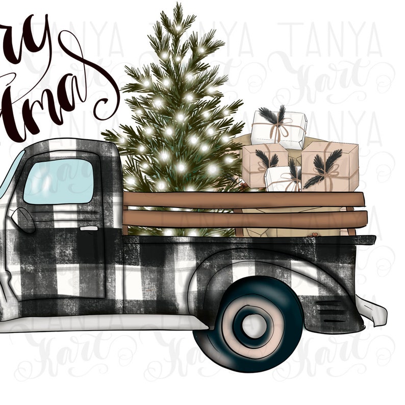 May include: A black and white checkered pickup truck with a Christmas tree and wrapped presents in the bed. The truck has a wooden bed and a blue and white wheel. The text "Merry Christmas" is written in black cursive above the truck.