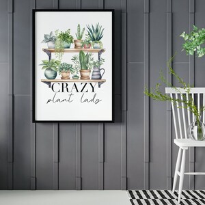 May include: A white background with a black frame around a watercolor illustration of a shelf with potted plants. The text "CRAZY plant lady" is below the shelf.
