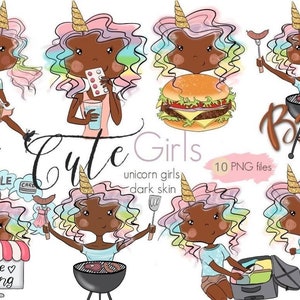 Cute Unicorn Girls Planner Stickers with African American Girls | Funny Clipart, Hand Drawn Clip Art, Planner Girls Clipart Set