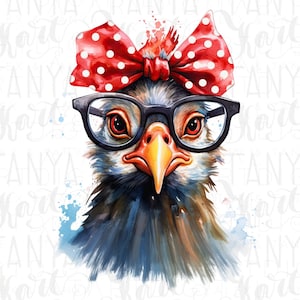 Pollo divertido con lazo rojo y gafas. Diseño PNG de sublimación para uso comercial. Descarga digital para camisetas, tazas y manualidades.