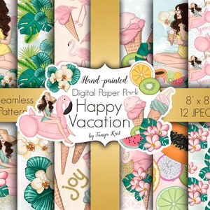 Op de afbeelding: Een set van 12 digitale papieren met een zomerse vakantie-thema. De papieren bevatten roze flamingo's, ijshoorntjes, tropische vruchten en bloemmotieven. De papieren zijn 20,32 cm x 20,32 cm en zijn in JPEG-formaat.