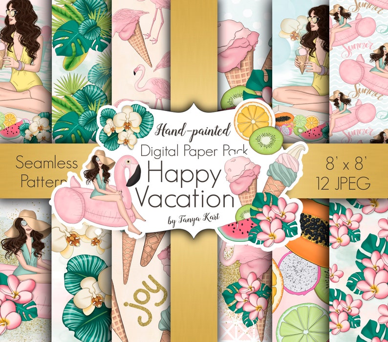 Op de afbeelding: Een set van 12 digitale papieren met een zomerse vakantie-thema. De papieren bevatten roze flamingo's, ijshoorntjes, tropische vruchten en bloemmotieven. De papieren zijn 20,32 cm x 20,32 cm en zijn in JPEG-formaat.