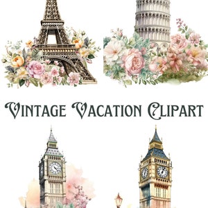 May include: Vintage watercolor illustrations of famous landmarks with floral arrangements. The Eiffel Tower, the Leaning Tower of Pisa, and Big Ben are depicted with pink, white, and yellow flowers.