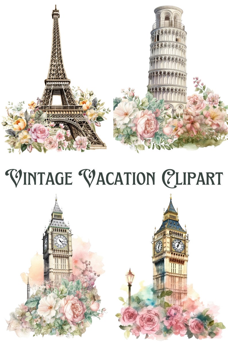 May include: Vintage watercolor illustrations of famous landmarks with floral arrangements. The Eiffel Tower, the Leaning Tower of Pisa, and Big Ben are depicted with pink, white, and yellow flowers.