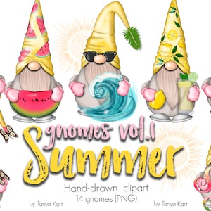 Imágenes prediseñadas de gnomos de verano digitales, gnomos de playa, girasoles, imágenes prediseñadas de frutas, uso comercial, descarga instantánea, pegatinas de gnomos de girasol