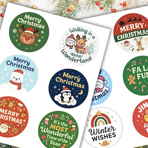 Utskrivbara klistermärken för presenter med god jul, runda julklistermärken för presentaskar, utskrivbara julklistermärken