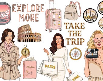 Könnte beinhalten: Digitale Illustration mit Reisethemen. Enthält einen rosa Koffer, einen Rucksack und Reiseaufkleber. Frauen werden mit Einkaufstaschen, einer Kamera und einem Kompass dargestellt. Der Text enthält "Explore More" und "Take the Trip."