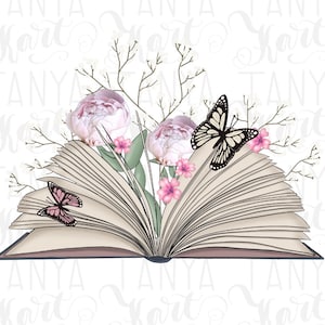 Book Sublimation Png, Butterfly Image, Spring Digital, Book Lover, Book With Flowers, Design Illustration, Reading Png File, Floral Graphics