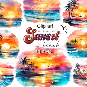 Sunset Beach Png Clipart do użytku komercyjnego, kolorowe tło Beach Life Png, Ocean Retro Sunset Png, akwarela Beach Digital Download