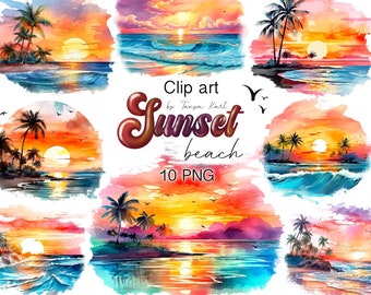 Sunset Beach Png Clipart for Commercial Use, Colorful Background Beach Life Png, Ocean Retro Sunset Png, Watercolor Beach Digital Download