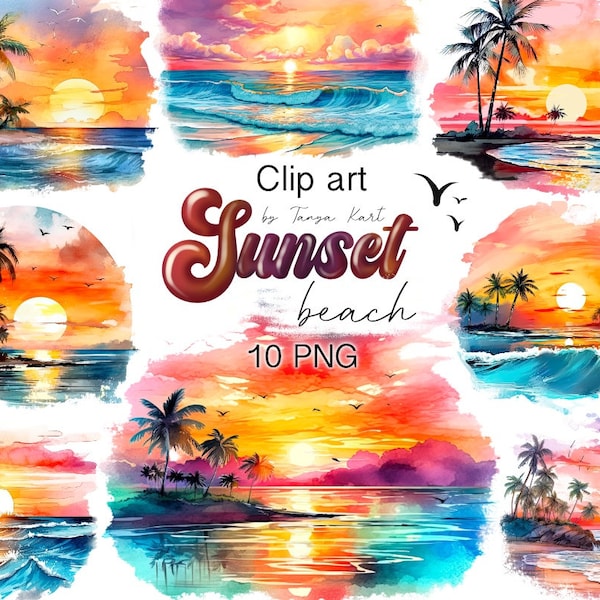 Sunset Beach Png Clipart for Commercial Use, Colorful Background Beach Life Png, Ocean Retro Sunset Png, Watercolor Beach Digital Download