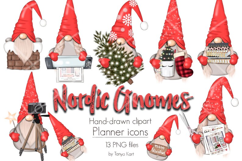 May include: A set of 13 digital clipart images featuring hand-drawn illustrations of Nordic gnomes in various poses and activities. The gnomes are wearing red hats and have white beards. They are holding items such as a Christmas tree, a mug, a camera, a printer, and a notebook. The text "Nordic Gnomes" is written in a bold, decorative font.