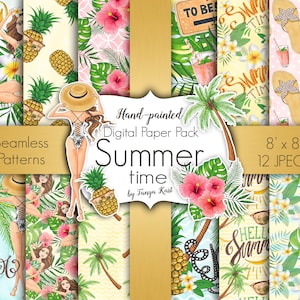 Summer Digital Paper Pack - Pineapple, Palm Leaves, and Hawaii Inspired Patterns, Aloha Vibes, Tropical Patterns for Summer, Girls Papers