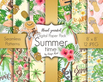Summer Digital Paper Pack - Pineapple, Palm Leaves, and Hawaii Inspired Patterns, Aloha Vibes, Tropical Patterns for Summer, Girls Papers
