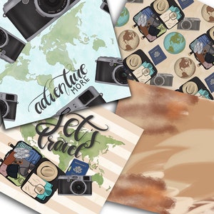 Puede incluir: Cuatro dise&ntilde;os de papel digital que presentan un mapa del mundo, una maleta llena de art&iacute;culos esenciales para viajar, una c&aacute;mara y un pasaporte. Los dise&ntilde;os est&aacute;n en tonos de marr&oacute;n, azul y verde con un efecto acuarela. Los textos "Adventure More" y "Let's Travel" est&aacute;n incluidos en los dise&ntilde;os.