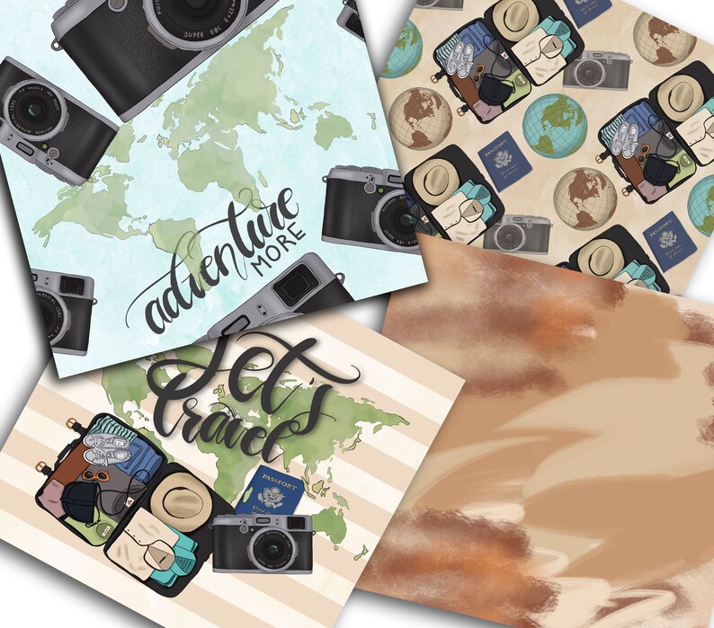 Puede incluir: Cuatro dise&ntilde;os de papel digital que presentan un mapa del mundo, una maleta llena de art&iacute;culos esenciales para viajar, una c&aacute;mara y un pasaporte. Los dise&ntilde;os est&aacute;n en tonos de marr&oacute;n, azul y verde con un efecto acuarela. Los textos "Adventure More" y "Let's Travel" est&aacute;n incluidos en los dise&ntilde;os.