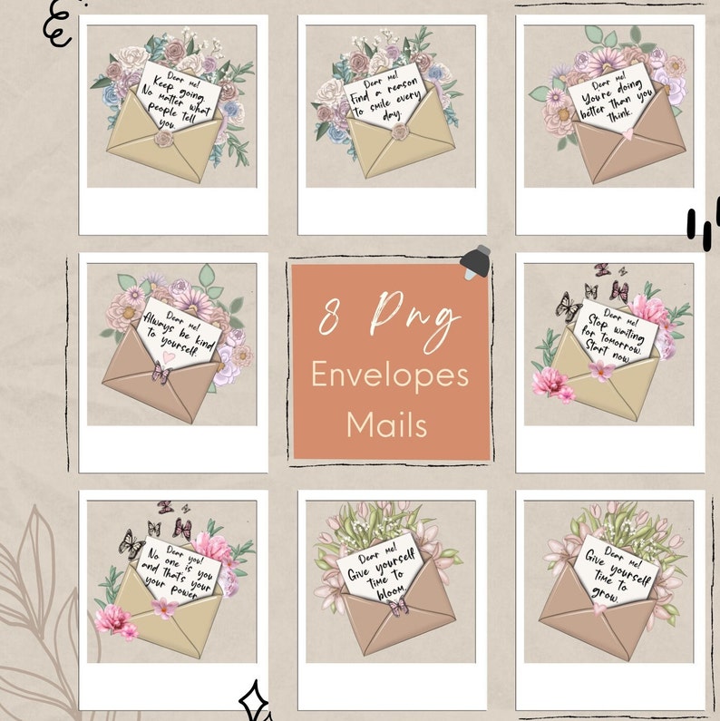 K&ouml;nnte beinhalten: Acht digitale druckbare Umschl&auml;ge mit Blumendesigns und motivierenden Zitaten. Die Zitate lauten: "Mach weiter, egal was die Leute sagen", "Finde einen Grund, jeden Tag zu l&auml;cheln", "Du machst es besser, als du denkst", "Sei immer nett zu dir selbst", "H&ouml;r auf, auf morgen zu warten, fang jetzt an", "Niemand ist wie du, und das ist deine Kraft", "Gib dir Zeit zu bl&uuml;hen", und "Gib dir Zeit zu wachsen".