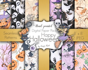 Halloween Digital Paper Pack: Witch, Pumpkin, Ghost Patterns (12 JPEG)
