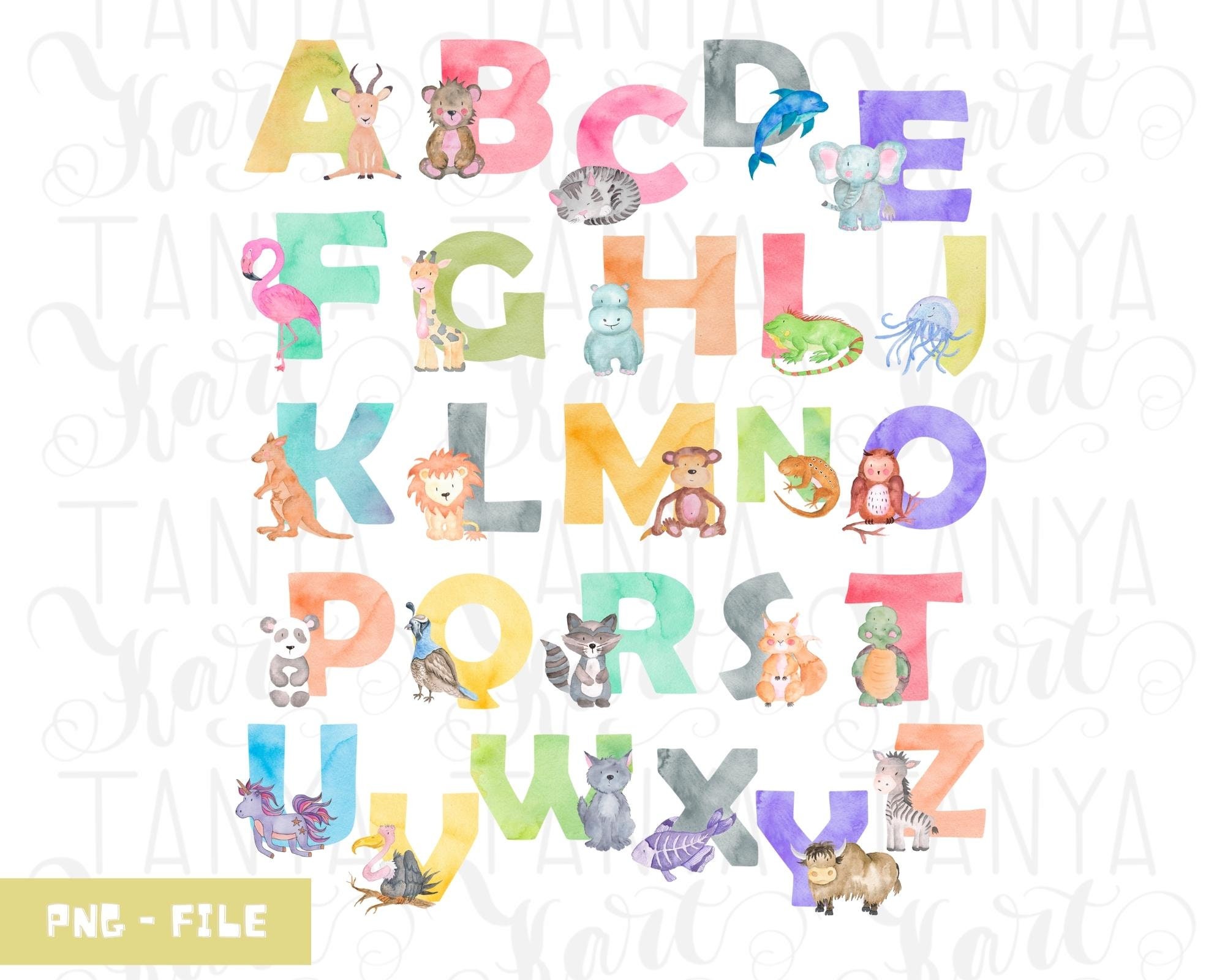 ABC Sublimation Png, Animal Alphabet, Kids Room, Nursery Alphabet, Zoo Letter Png, Hand Painting Png, Woodland Animals, Watercolor Alphabet