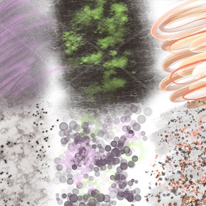 May include: Abstract digital art with six different patterns. The patterns include a purple and gray diagonal stripe, a green and gray splatter, a swirling orange and white pattern, a gray and black speckled pattern, a gray and purple bubble pattern, and a gray and orange speckled pattern.