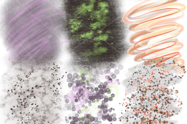 May include: Abstract digital art with six different patterns. The patterns include a purple and gray diagonal stripe, a green and gray splatter, a swirling orange and white pattern, a gray and black speckled pattern, a gray and purple bubble pattern, and a gray and orange speckled pattern.