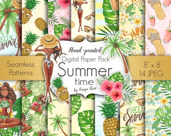 Tropisches Digitales Papier, Sommer Papier, Sommer Papier Pack, Hawaii Digitales Papier, Dunkle Hautfarbe Mädchen Papier, Strand Papier, Planer DIY Papier