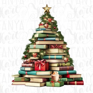 Weihnachtsbuchbaum PNG Sublimationsdesign | Bookish Merch für Frohe Weihnachten, Geschenk für Lehrer, Buchliebhaber, Digitaldruck, Laptop Aufkleber, Tasse