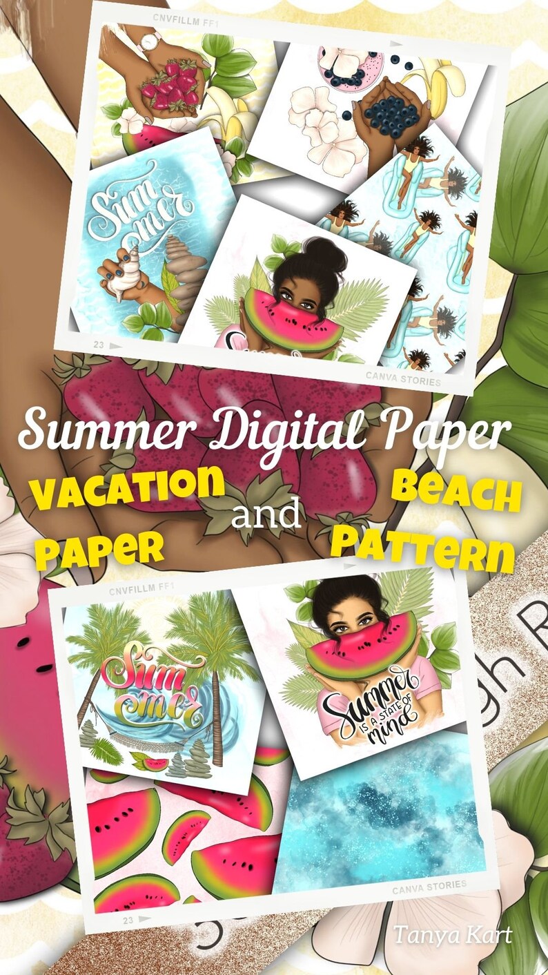 May include: A set of digital papers and patterns featuring a summer vacation theme. The designs include a woman holding a watermelon, palm trees, and the text "Summer is a state of mind".