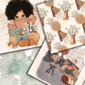 May include: A collection of fall-themed digital art prints. One print features a woman in an orange sweater with pumpkins and succulents. Another shows a repeating pattern of vases with cotton stems and brooms. The third print depicts a cozy living room scene.
