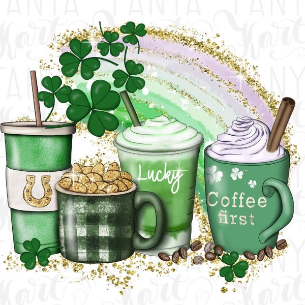 Café de la Saint-Patrick, arc-en-ciel de St Patrick, tasse à café scintillante, conception numérique, Png de la Saint-Patrick, conception de sublimation, boisson au café Png