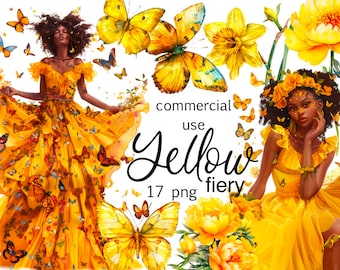 Immagine clipart di donna nera: vestito giallo, farfalle, girasoli (PNG)