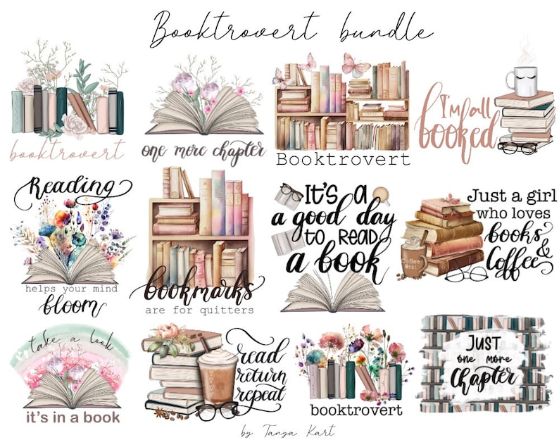 Books Quotes Bundle Png Instant Download, Book Reading Png, Book Lover Png File, Books Sublimation Designs for Shirts, Book with Flower