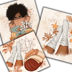 May include: Three illustrations with a fall theme. One shows a person with dark hair peeking over a peach sweater, pumpkins, and succulents. Another shows legs in white leg warmers and autumn leaves. The third shows a sweater, hat, and leg warmers.