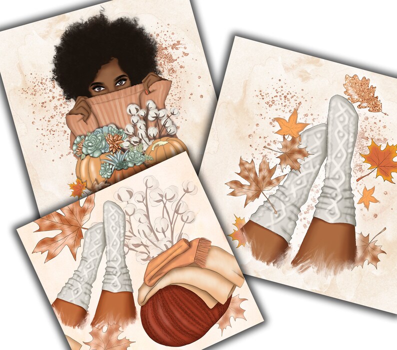 May include: Three illustrations with a fall theme. One shows a person with dark hair peeking over a peach sweater, pumpkins, and succulents. Another shows legs in white leg warmers and autumn leaves. The third shows a sweater, hat, and leg warmers.