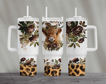 Highland Cow Peonies Tumbler Sublimation Design (Digital Download)
