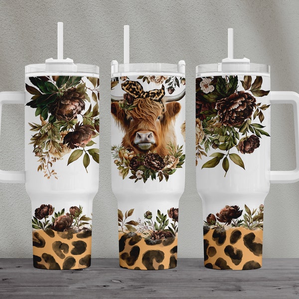 Highland Cow Png 40oz Quencher Brown Peonies Tumbler, Sublimation Design, Gift For Mom Png, Leopard Print Png File Digital Download