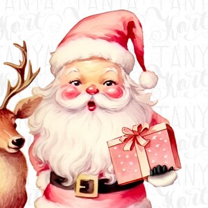 May include: A vintage-style illustration of Santa Claus holding a pink gift box with a red bow, standing next to a reindeer. Santa is wearing a red hat and coat with a white beard and rosy cheeks. The reindeer has brown antlers.