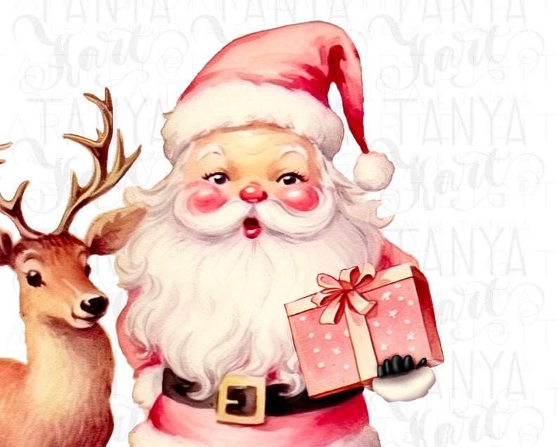 May include: A vintage-style illustration of Santa Claus holding a pink gift box with a red bow, standing next to a reindeer. Santa is wearing a red hat and coat with a white beard and rosy cheeks. The reindeer has brown antlers.