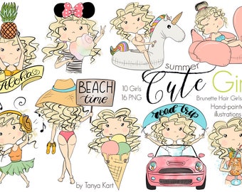 Zomer blond meisje clipart voor planner stickers, ijs planner meisje digitale clipart, partij strand meisje clipart, zomer graphics