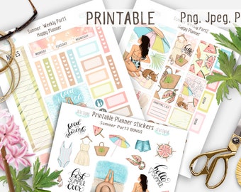 Printable Stickers, Summer Stickers, Weekly Stickers, Beach Stickers, Stickers Artwork, Summer Planner, Seasonal Stickers, Digital Planner