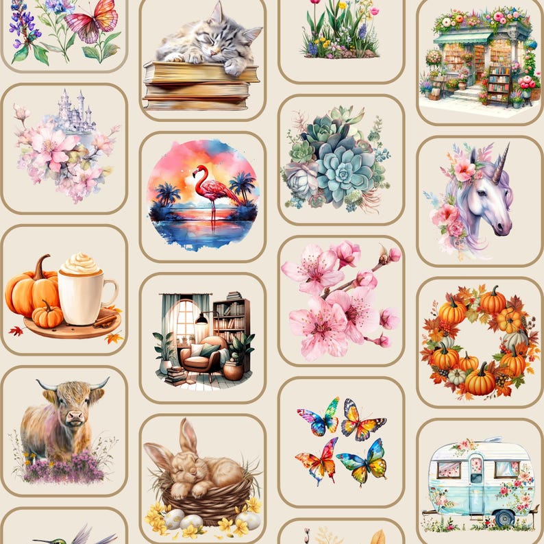 May include: A repeating pattern featuring watercolor illustrations of various objects. The design includes a sleeping cat on books, a flamingo in a sunset scene, a unicorn, pumpkins, butterflies, flowers, and a vintage camper. The color palette is soft and pastel.