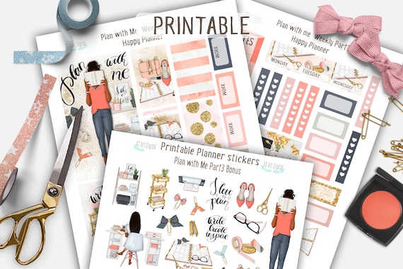 African American Stickers, Happy Planner Weekly Stickers, Planner Girl, Coral Color, Fashion Stickers, Bow Clips Stickers, Glitter Gold
