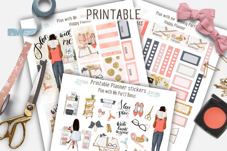 May include: Printable planner stickers with a pink and gold theme. The stickers feature illustrations of a woman reading a book, a desk with a computer, and a variety of other office supplies. The text "Plan with Me Weekly Part Happy Planner" is visible on one of the sheets.
