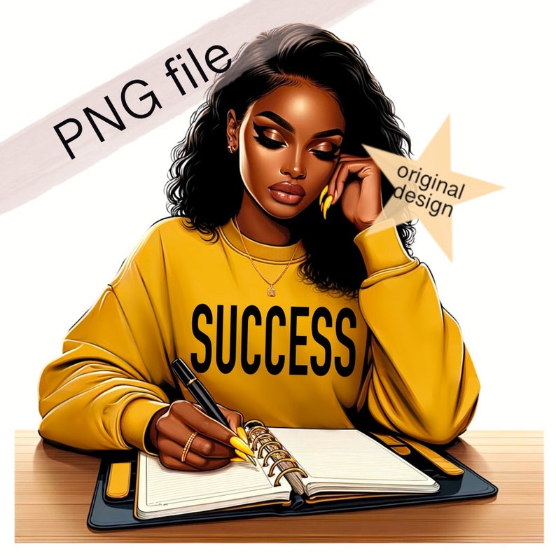 May include: A woman with dark curly hair is sitting at a desk, wearing a yellow sweatshirt with the word "SUCCESS" printed on it. She is writing in a yellow and gold notebook with a gold pen.