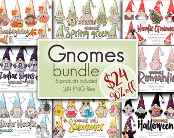 Gnomes Clipart Bundle: Nordic, Summer, Christmas, Fall, Winter (PNG Digital Design)