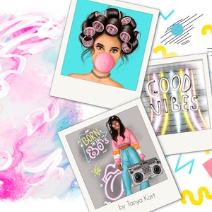 May include: Three digital illustrations in a retro style. The first image shows a woman with pink hair rollers and a pink bubble gum. The second image shows a woman wearing a pink crop top and blue jeans holding a boombox. The third image shows a neon sign that says "Good Vibes".